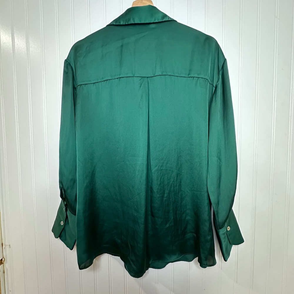 Zara Emerald Green Satin Button Down  Oversized Long Sleeve‎ Blouse Size L - Picture 7 of 8